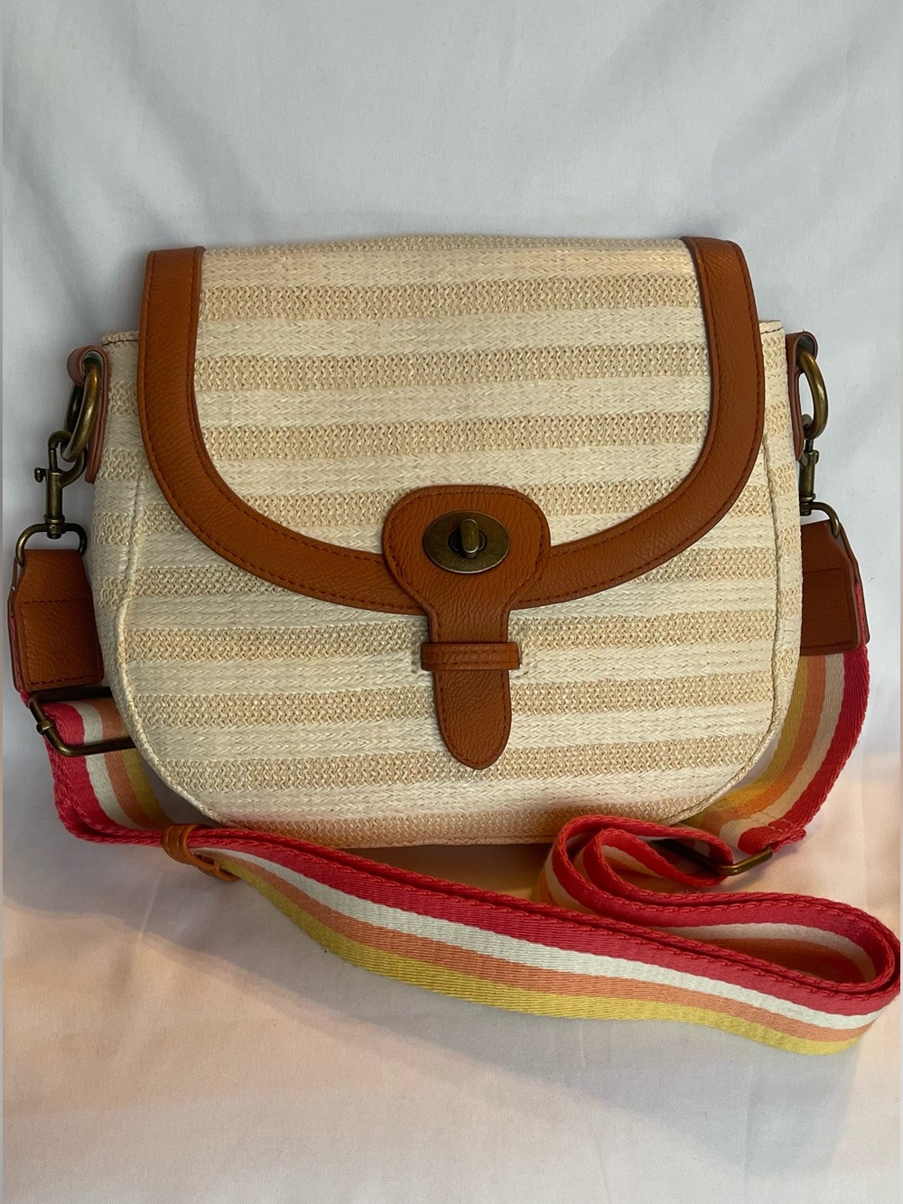 Universal Thread Cream Stripe Crossbody with Tan Trim and Multicolor Strap